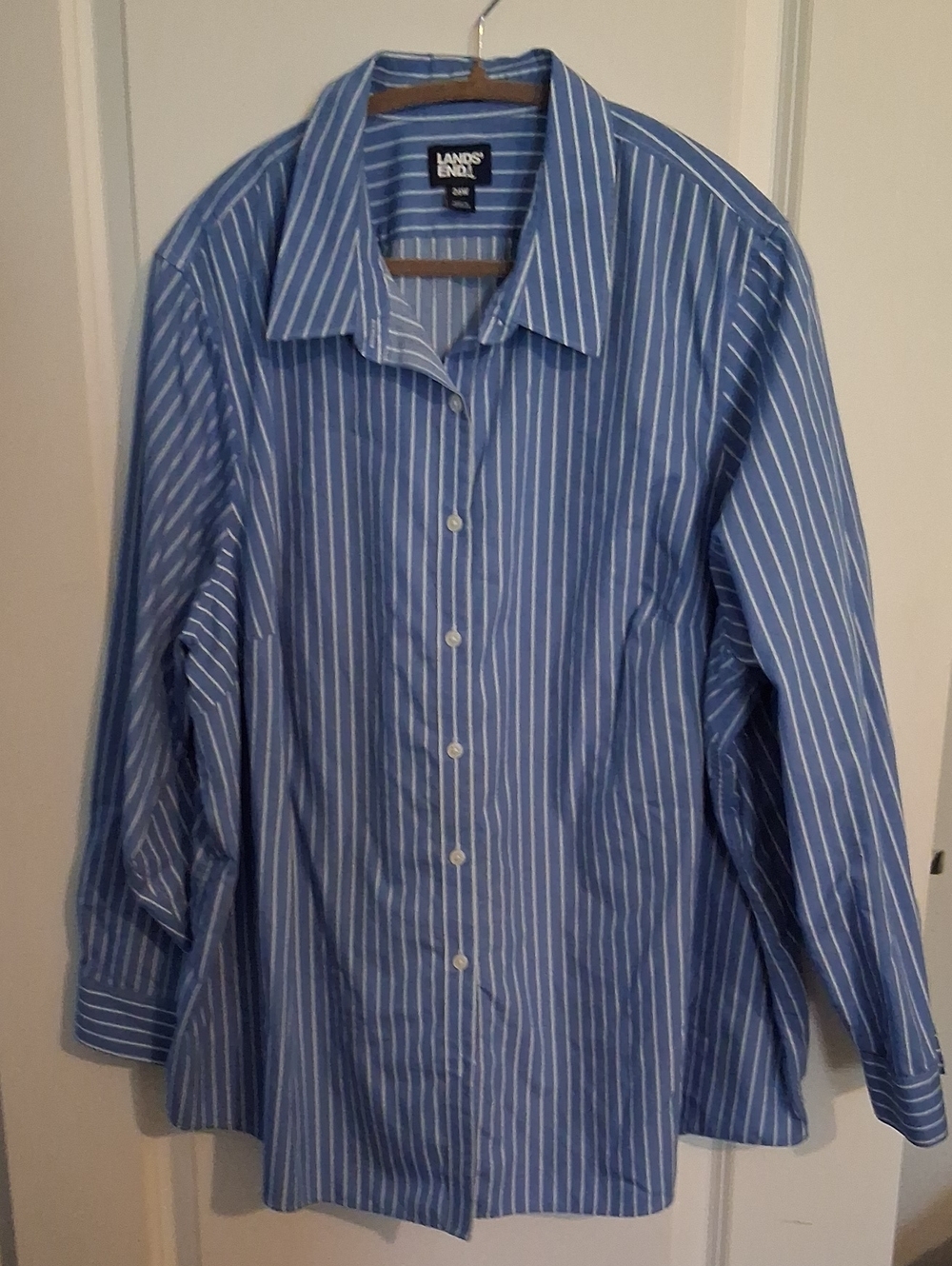 Lands' End Ladies Blue and White Vertical Stripe  Shirt
